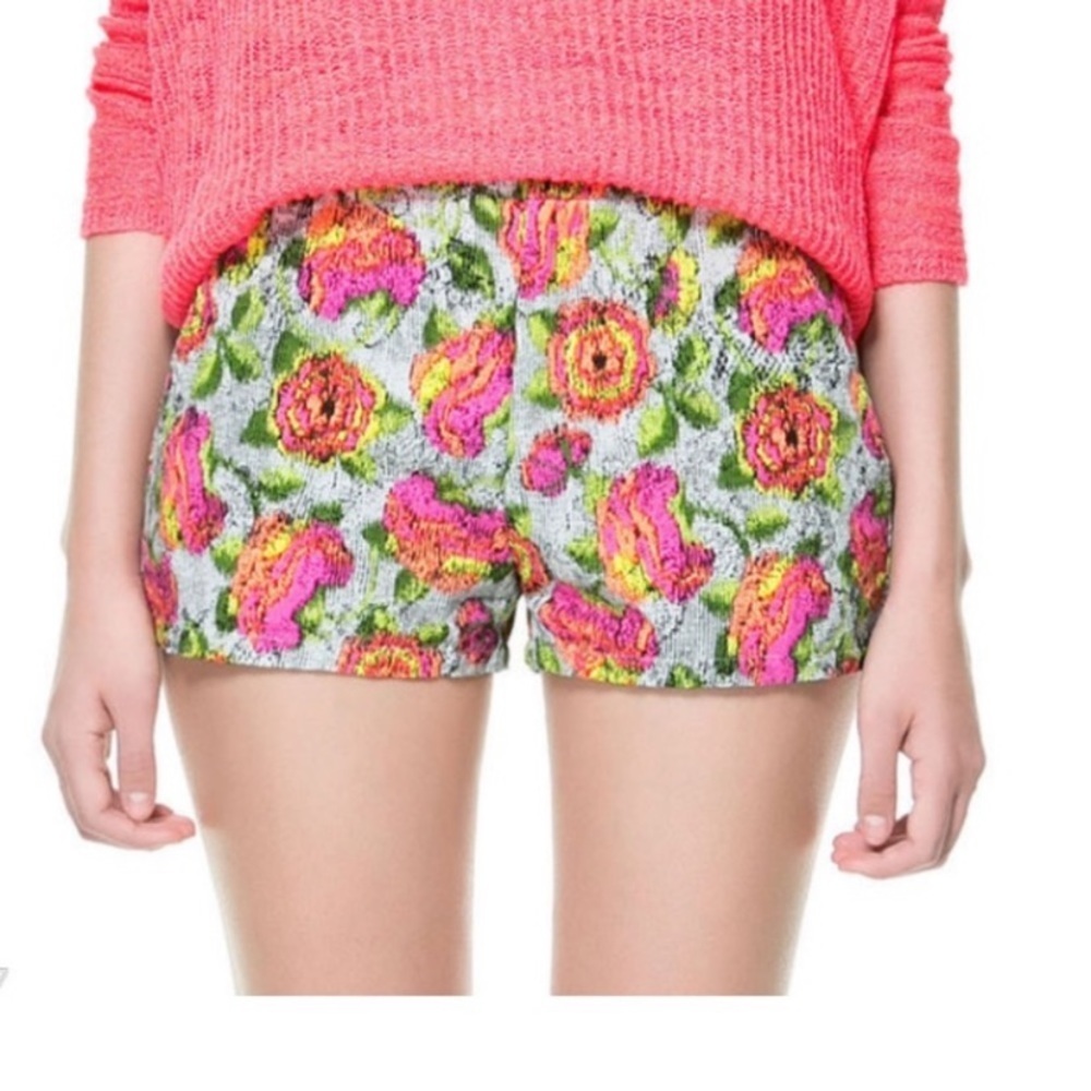 Zara Floral Print Neon High Rise Shorts S - Picture 2 of 10